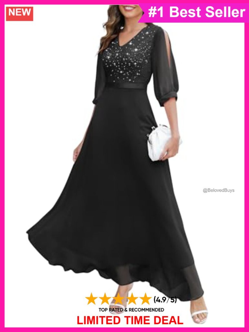 Sequin Lace Maxi Formal Evening Dress Split Sleeve V-Neck